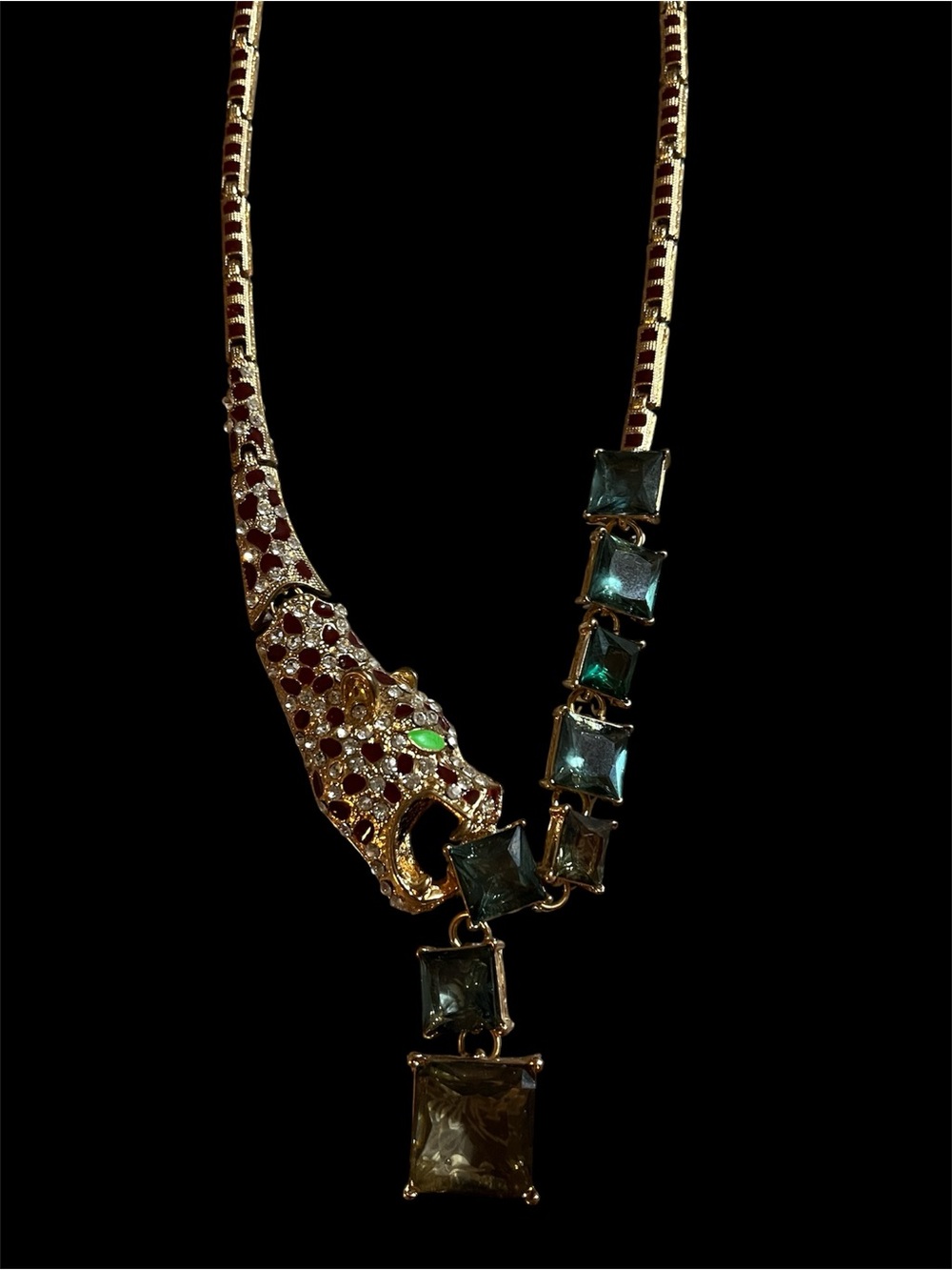 Eye Candy Los Angeles Gold-tone Leopard Necklace with Green and Red Gem Accents
